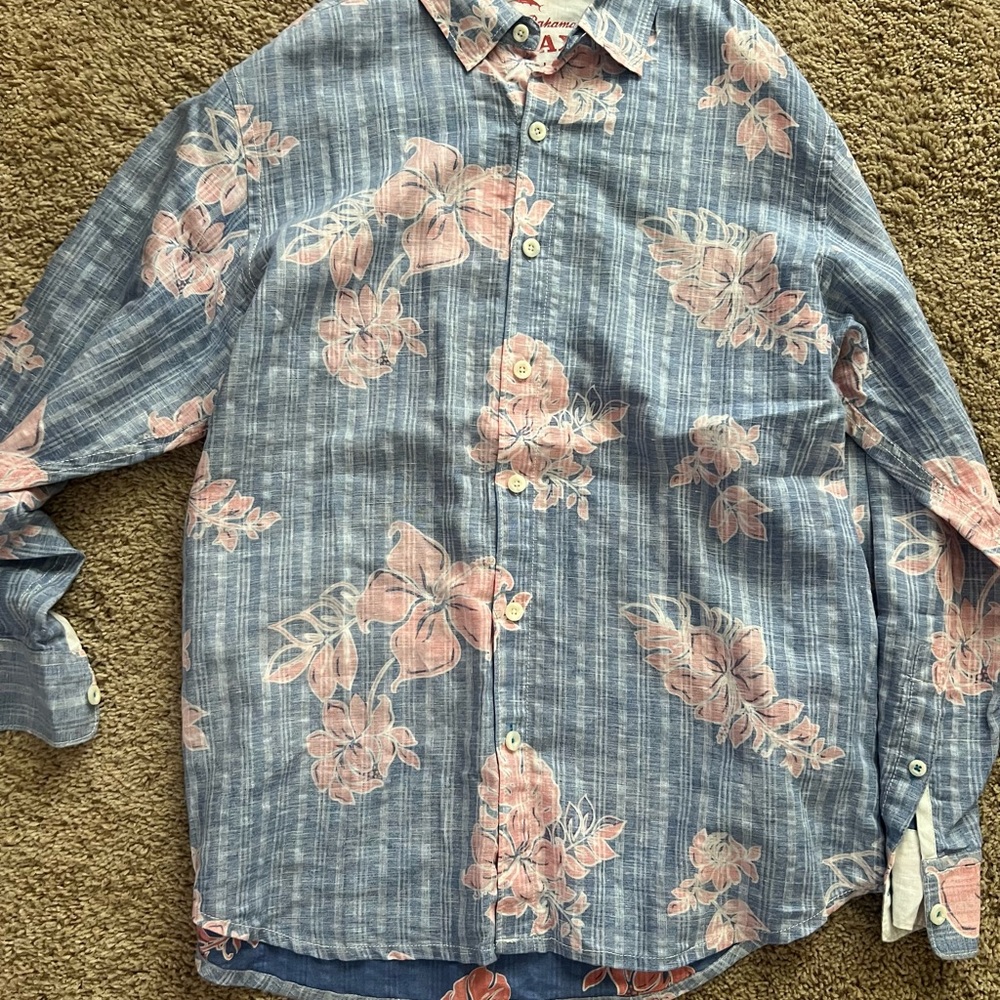 Tommy Bahama Blue and Pink Casual Button Down Shirt
